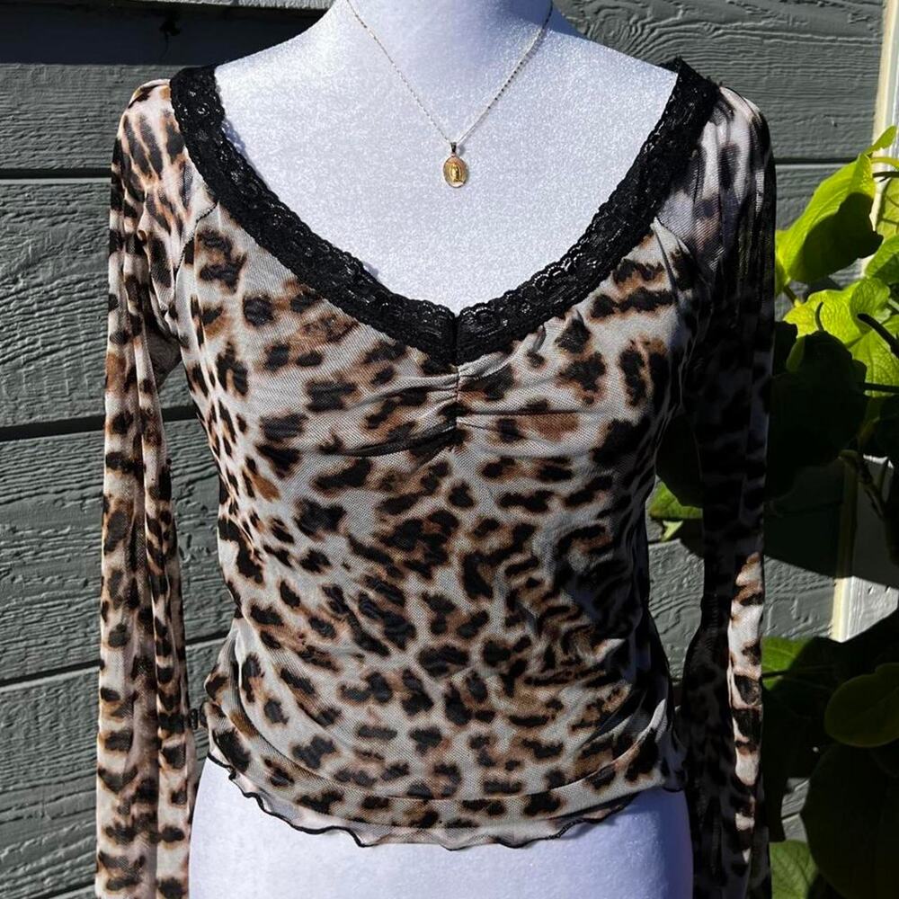 Leopard print mesh long sleeve